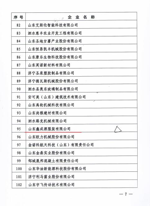 喜訊！山東鑫成源服裝有限公司入選濟寧市“專精特新”企業